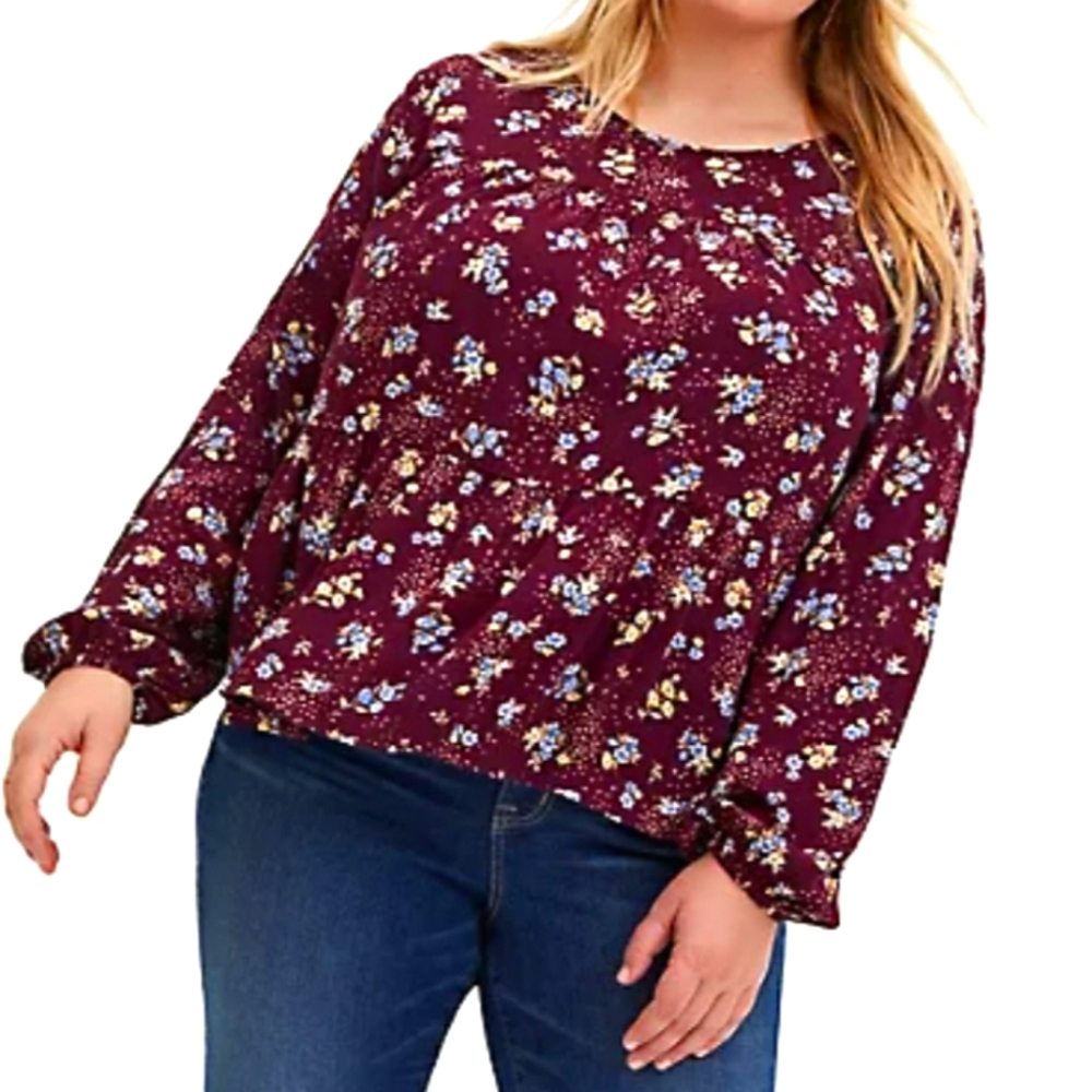 BURGUNDY PURPLE FLORAL CRINKLED GAUZE TIERED